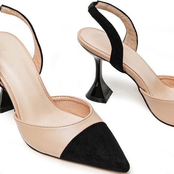 Women's Faux Suede Slingback Pumps Patchwork Heels Slip On Dress Shoes - Picture 6 of 7